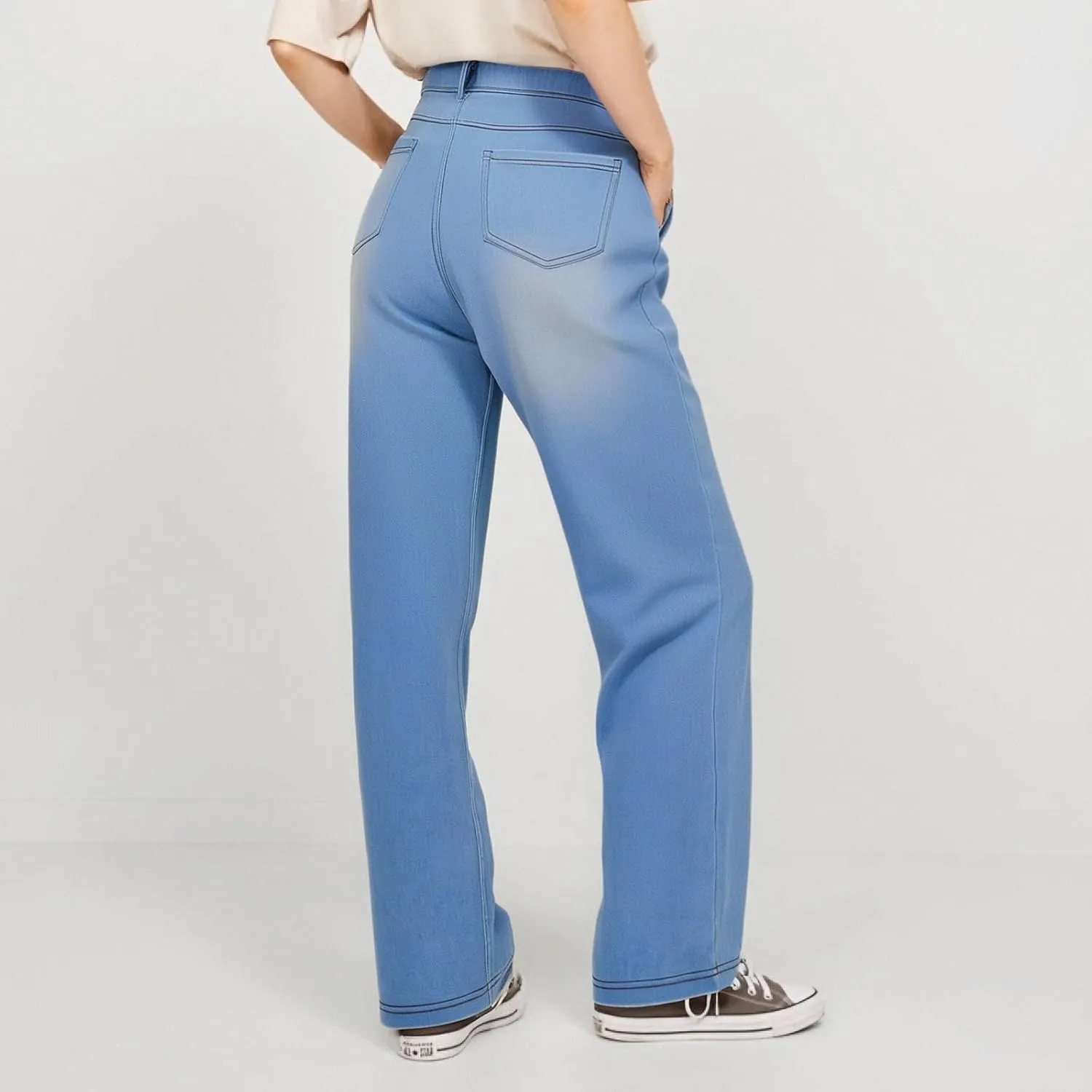 Women's Jeans Dressy Straight Loose Wide Leg Jeans Petite Summer Elastic Waist Soft Denim Pants with Pockets
