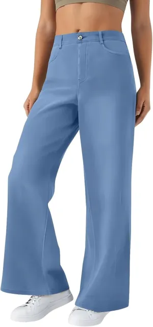 Women's Jeans Dressy Straight Loose Wide Leg Jeans Petite Summer Elastic Waist Soft Denim Pants with Pockets