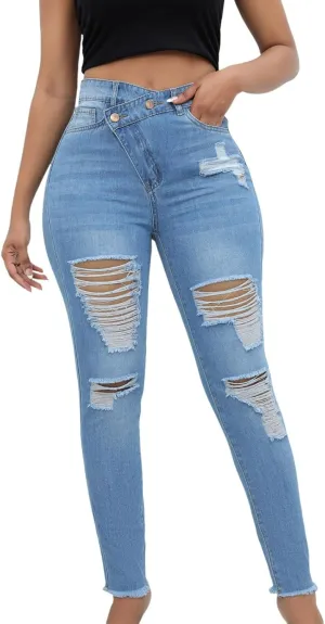 Womens Jeans High Waisted Ripped Stretchy Pants Classic Distressed Jeans Vintage Plus Size Destroyed Denim Pants