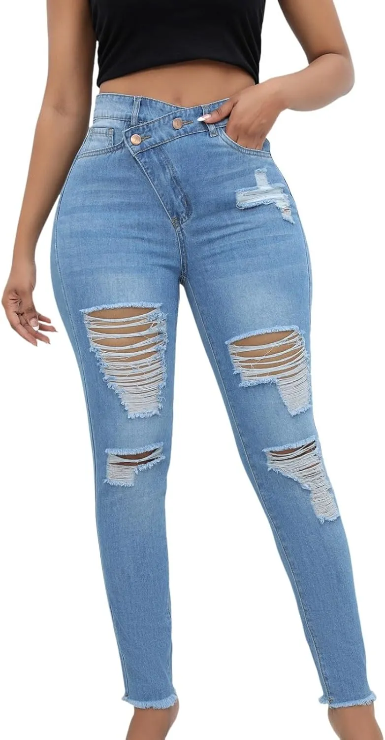 Womens Jeans High Waisted Ripped Stretchy Pants Classic Distressed Jeans Vintage Plus Size Destroyed Denim Pants