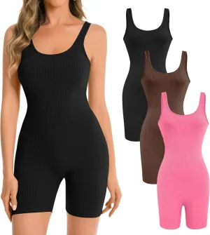 Womens Jumpsuits Shorts 3 Pack Workout Athletic Romper Yoga Sleeveless Square Neck Tank Top Bodysuits
