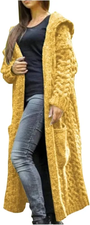 Women's Long Cardigan Hoodies Cable Knit Casual Open Front Sweater Long Sleeve Winter Warm Hooded Outwear with Pocket