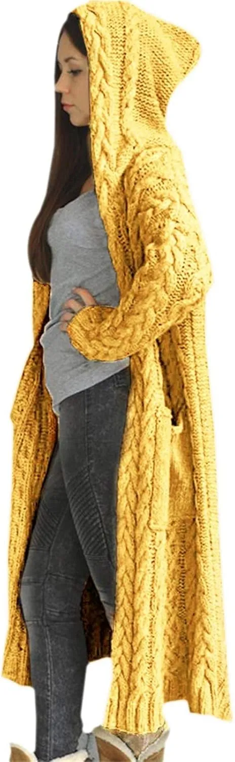 Women's Long Cardigan Hoodies Cable Knit Casual Open Front Sweater Long Sleeve Winter Warm Hooded Outwear with Pocket