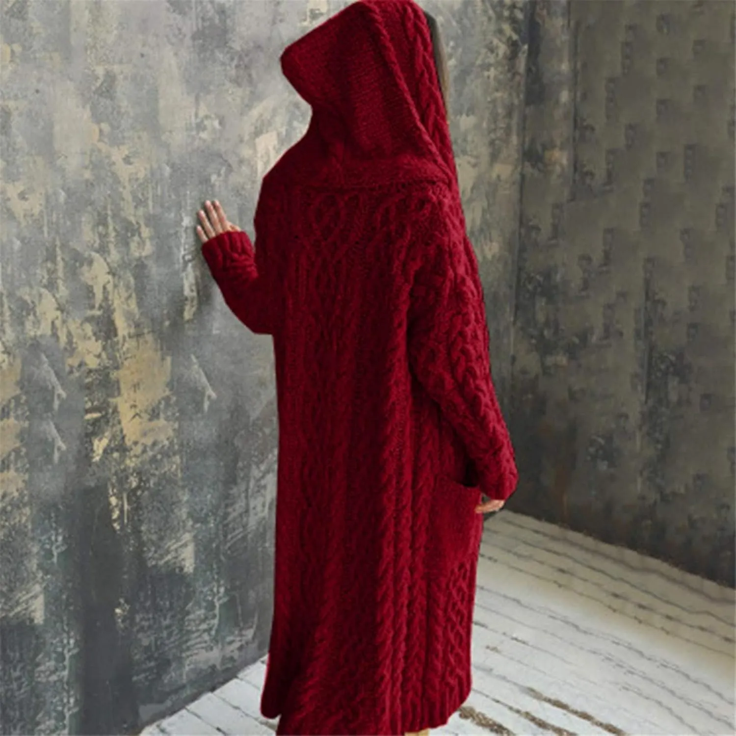 Women's Long Cardigan Hoodies Cable Knit Casual Open Front Sweater Long Sleeve Winter Warm Hooded Outwear with Pocket