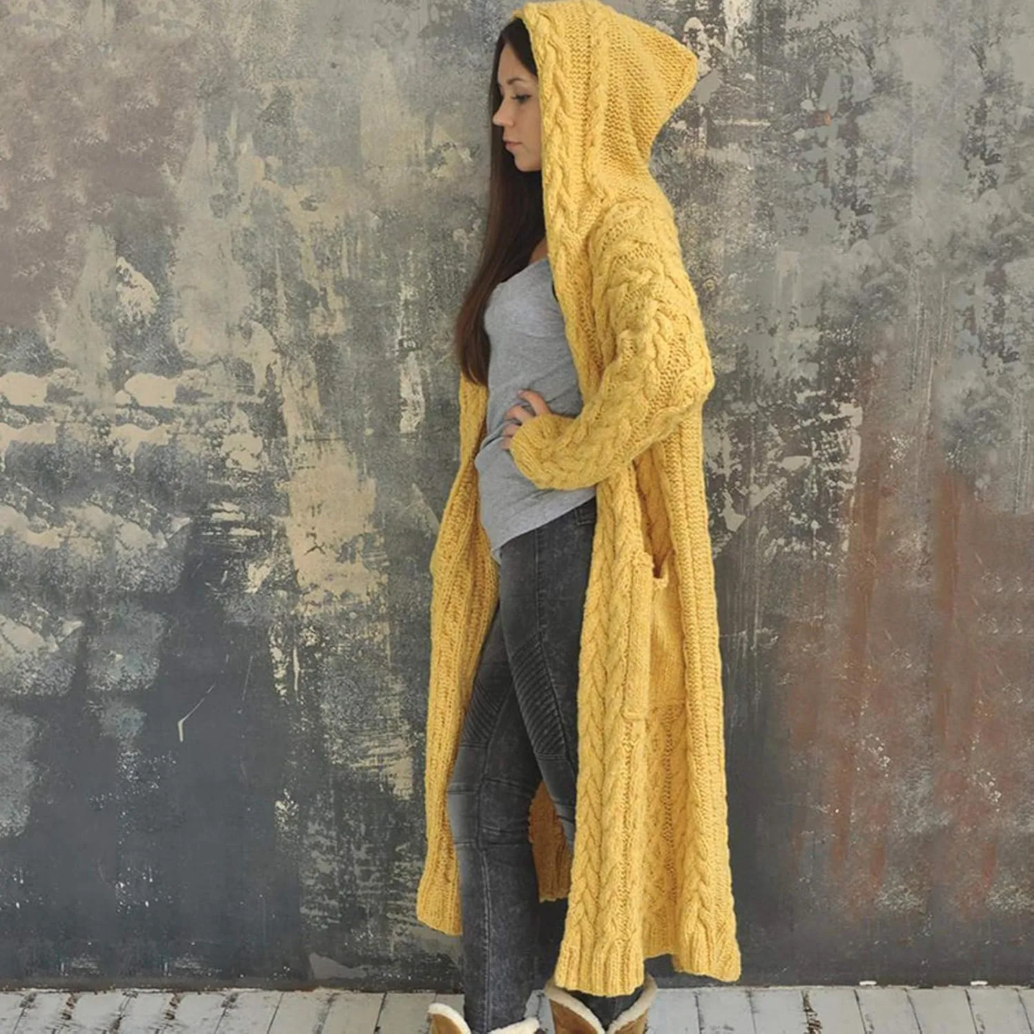 Women's Long Cardigan Hoodies Cable Knit Casual Open Front Sweater Long Sleeve Winter Warm Hooded Outwear with Pocket