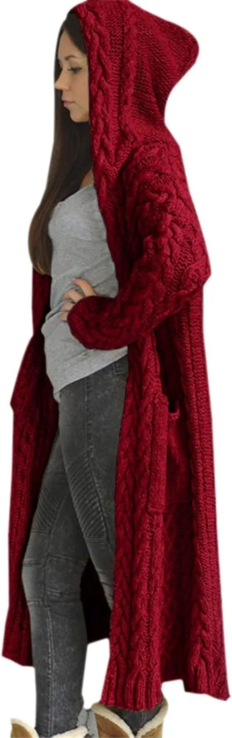 Women's Long Cardigan Hoodies Cable Knit Casual Open Front Sweater Long Sleeve Winter Warm Hooded Outwear with Pocket