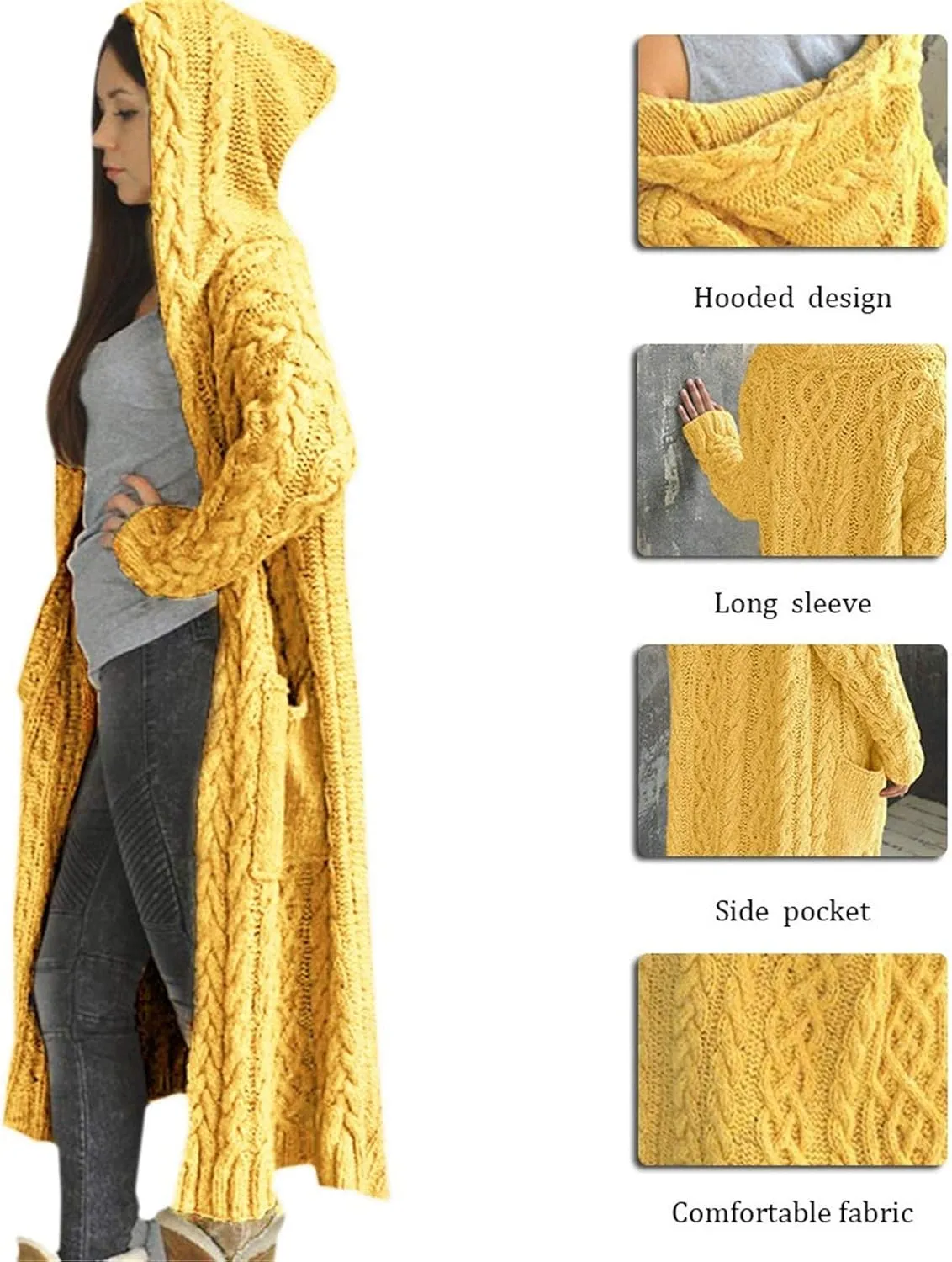 Women's Long Cardigan Hoodies Cable Knit Casual Open Front Sweater Long Sleeve Winter Warm Hooded Outwear with Pocket