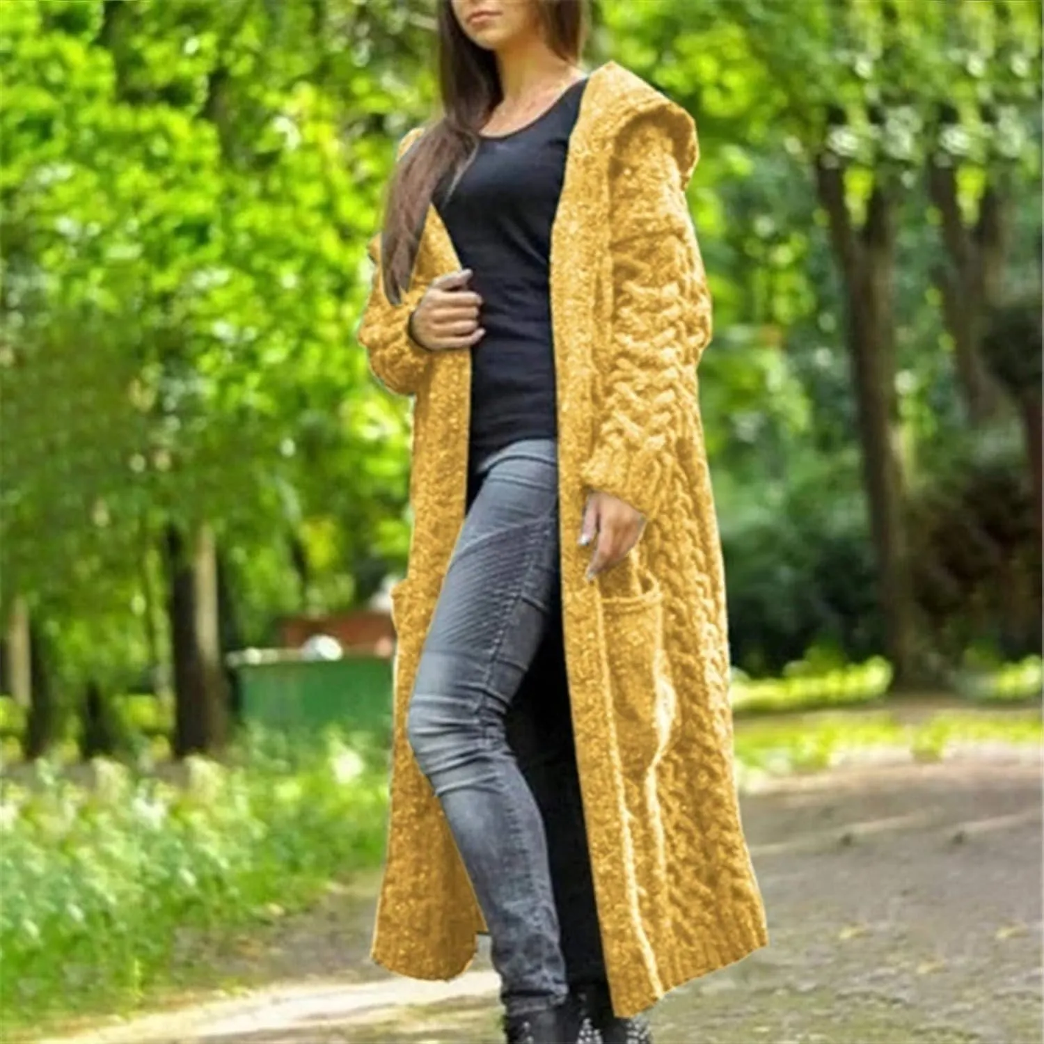 Women's Long Cardigan Hoodies Cable Knit Casual Open Front Sweater Long Sleeve Winter Warm Hooded Outwear with Pocket