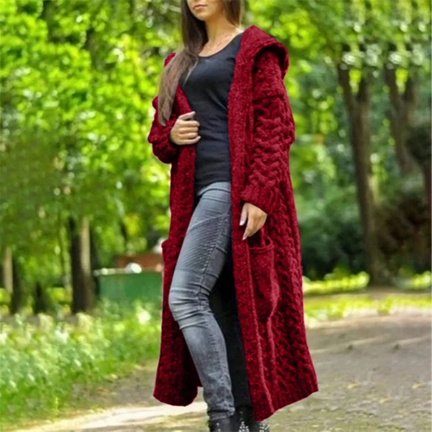 Women's Long Cardigan Hoodies Cable Knit Casual Open Front Sweater Long Sleeve Winter Warm Hooded Outwear with Pocket