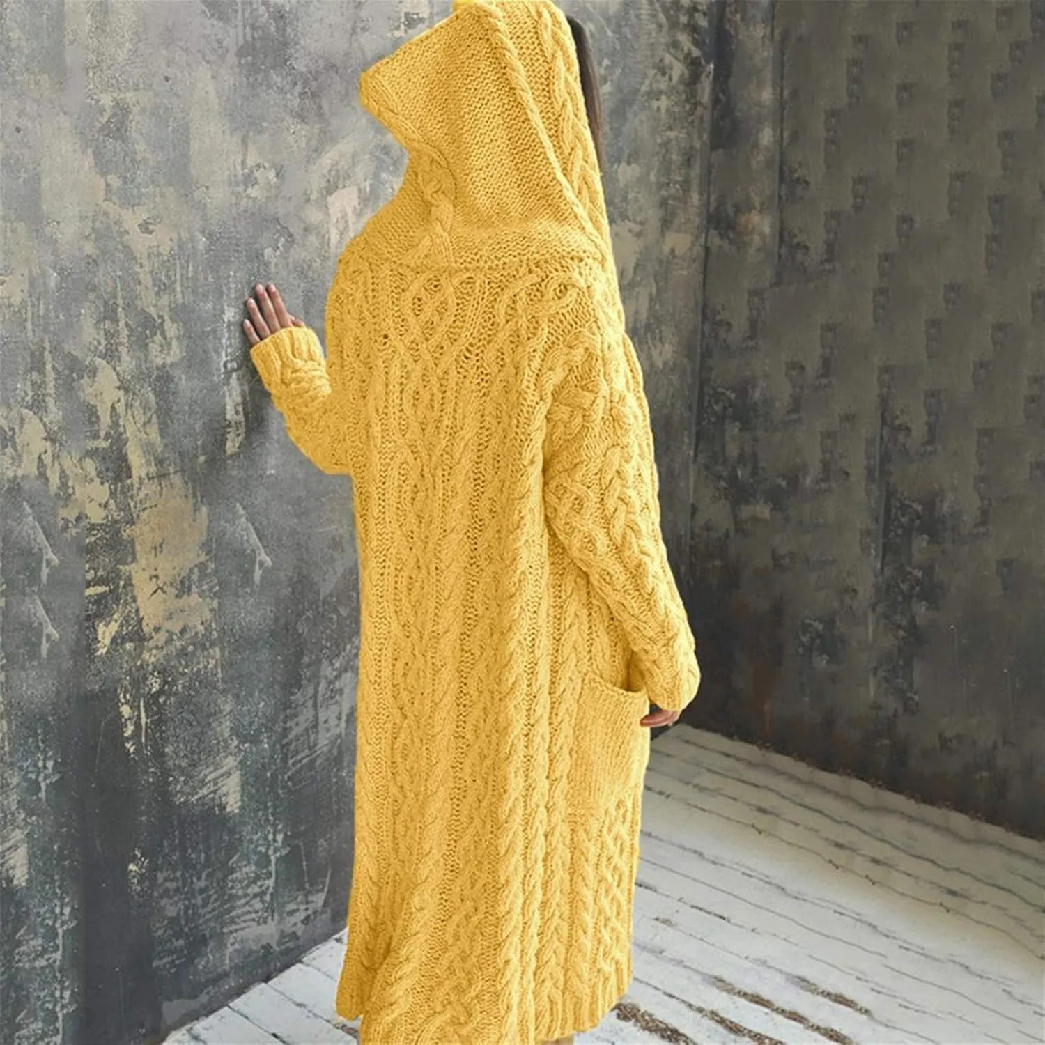 Women's Long Cardigan Hoodies Cable Knit Casual Open Front Sweater Long Sleeve Winter Warm Hooded Outwear with Pocket