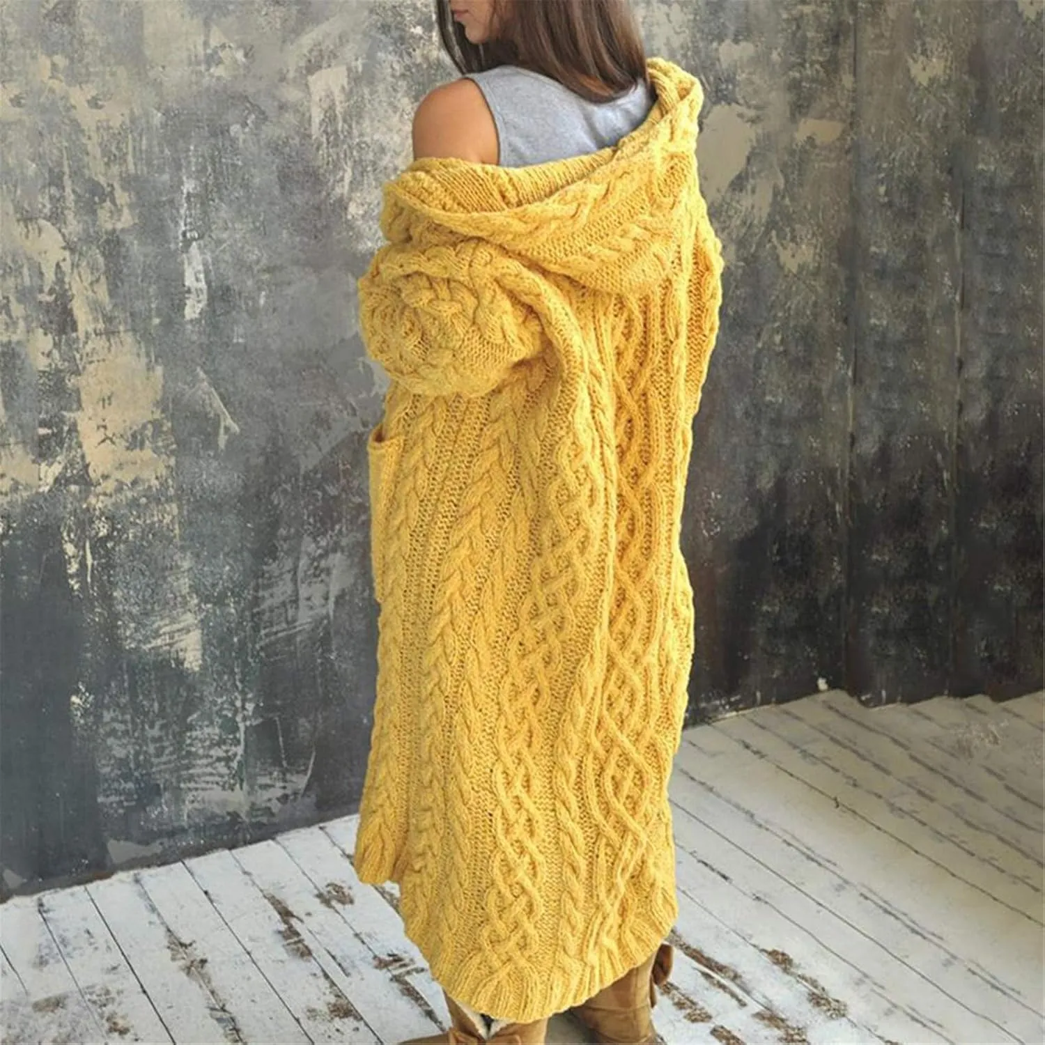 Women's Long Cardigan Hoodies Cable Knit Casual Open Front Sweater Long Sleeve Winter Warm Hooded Outwear with Pocket
