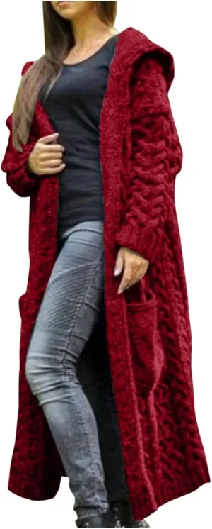 Women's Long Cardigan Hoodies Cable Knit Casual Open Front Sweater Long Sleeve Winter Warm Hooded Outwear with Pocket