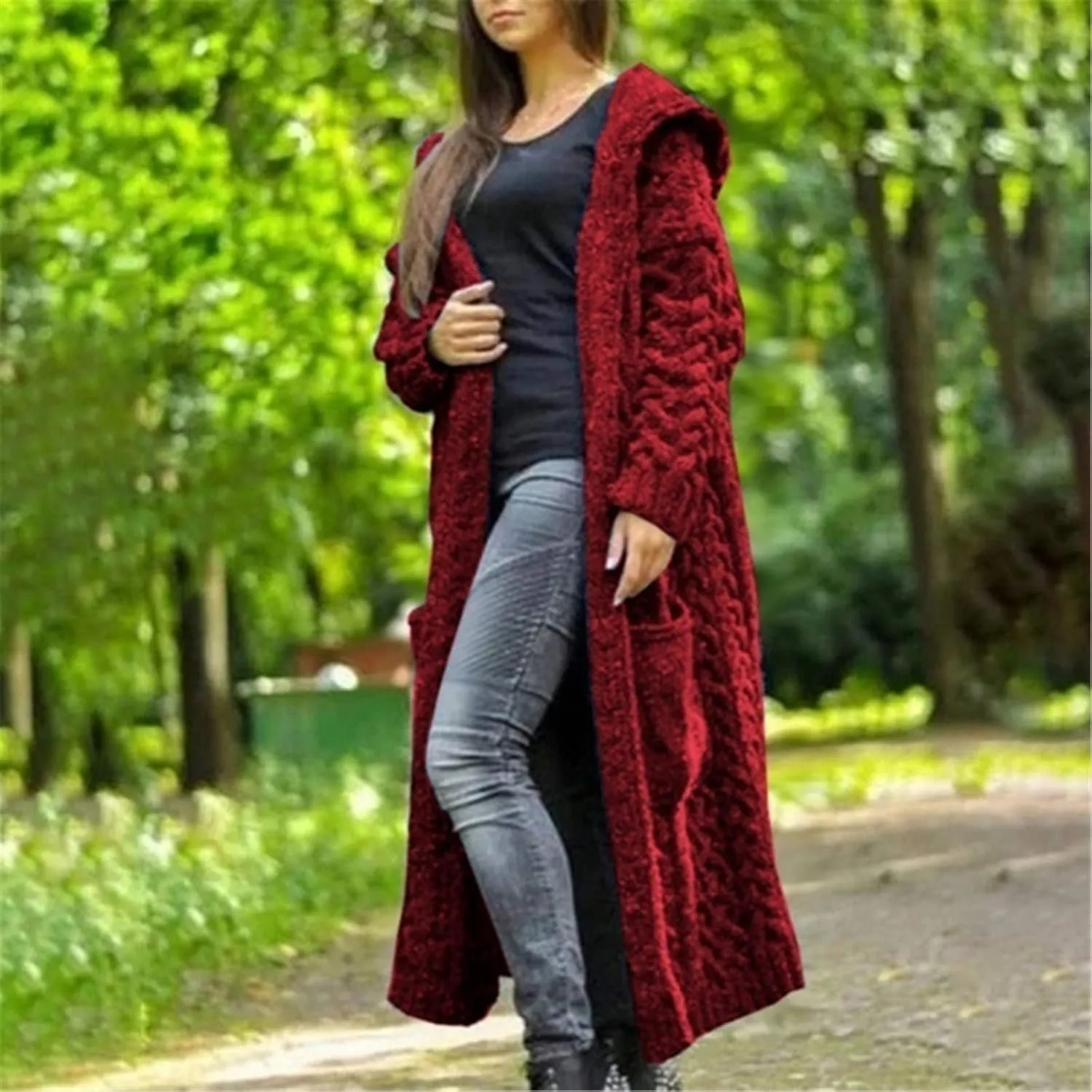 Women's Long Cardigan Hoodies Cable Knit Casual Open Front Sweater Long Sleeve Winter Warm Hooded Outwear with Pocket