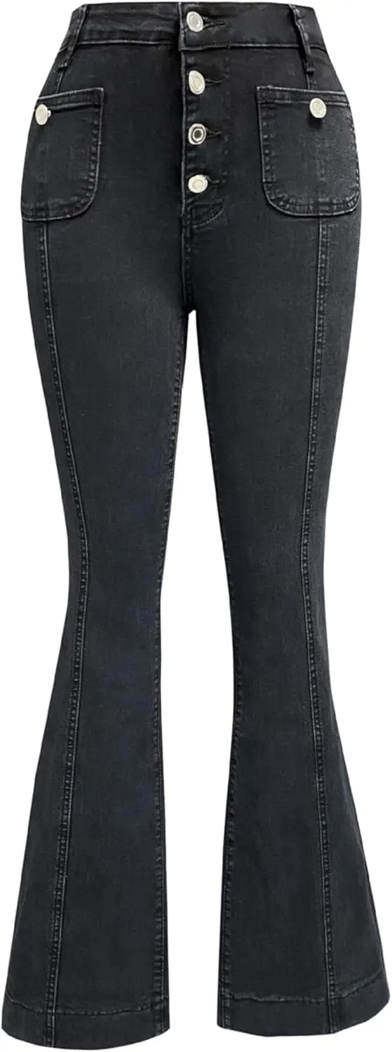 Women's Luscious Curvy Bootcut Jeans Mid-Rise Stretch Juniors Jeans Mid Waisted Flared Leg Loose Stretchy Pants