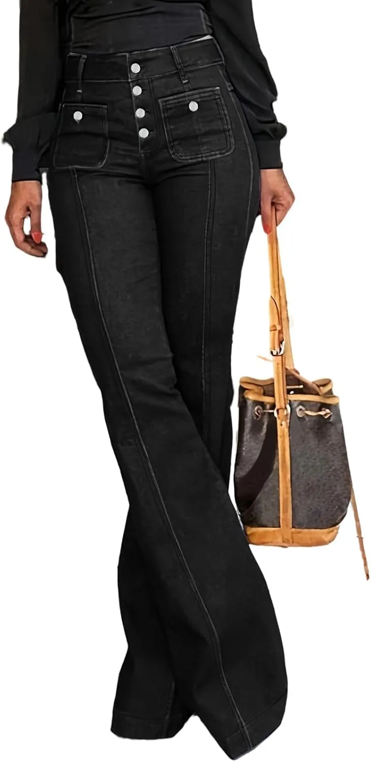 Women's Luscious Curvy Bootcut Jeans Mid-Rise Stretch Juniors Jeans Mid Waisted Flared Leg Loose Stretchy Pants