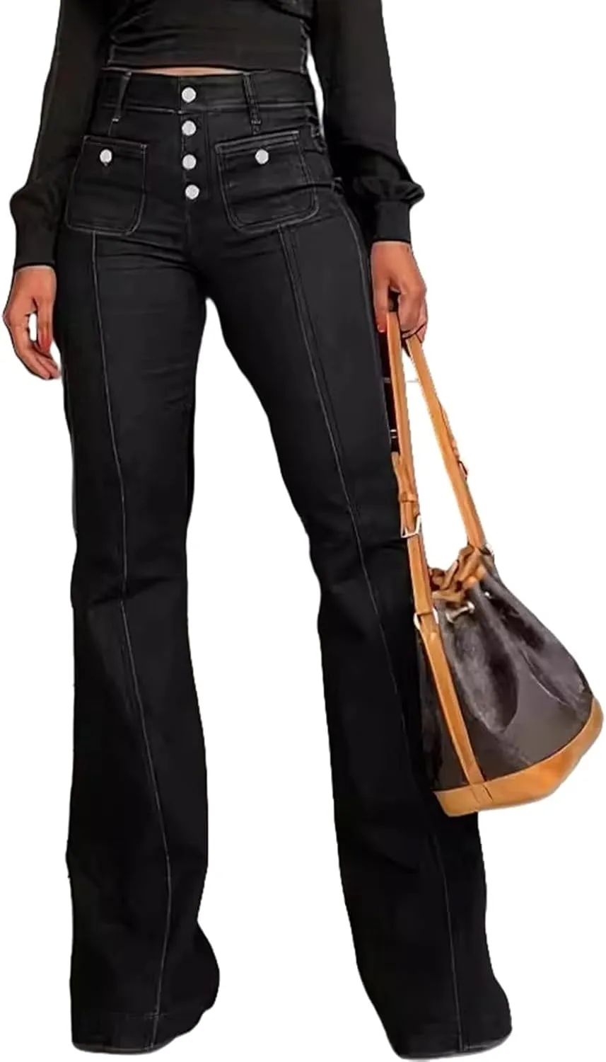 Women's Luscious Curvy Bootcut Jeans Mid-Rise Stretch Juniors Jeans Mid Waisted Flared Leg Loose Stretchy Pants