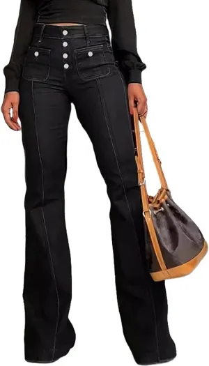 Women's Luscious Curvy Bootcut Jeans Mid-Rise Stretch Juniors Jeans Mid Waisted Flared Leg Loose Stretchy Pants