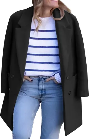 Women's Notched Lapel Wool Coats Mid Long Button Pea Coats Warm Thicken Trench Jacket