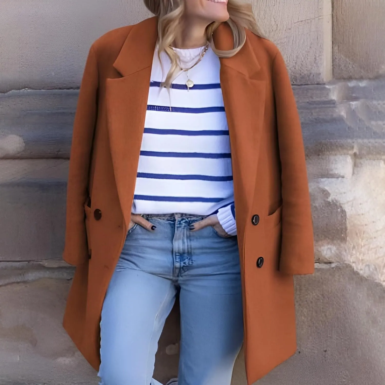 Women's Notched Lapel Wool Coats Mid Long Button Pea Coats Warm Thicken Trench Jacket