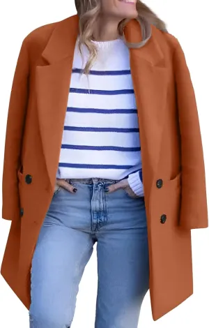 Women's Notched Lapel Wool Coats Mid Long Button Pea Coats Warm Thicken Trench Jacket