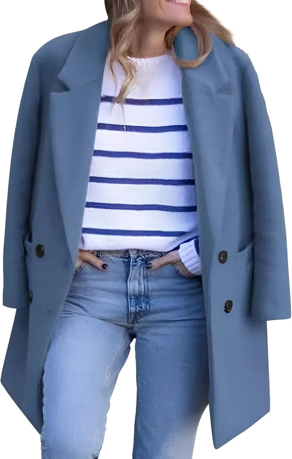 Women's Notched Lapel Wool Coats Mid Long Button Pea Coats Warm Thicken Trench Jacket