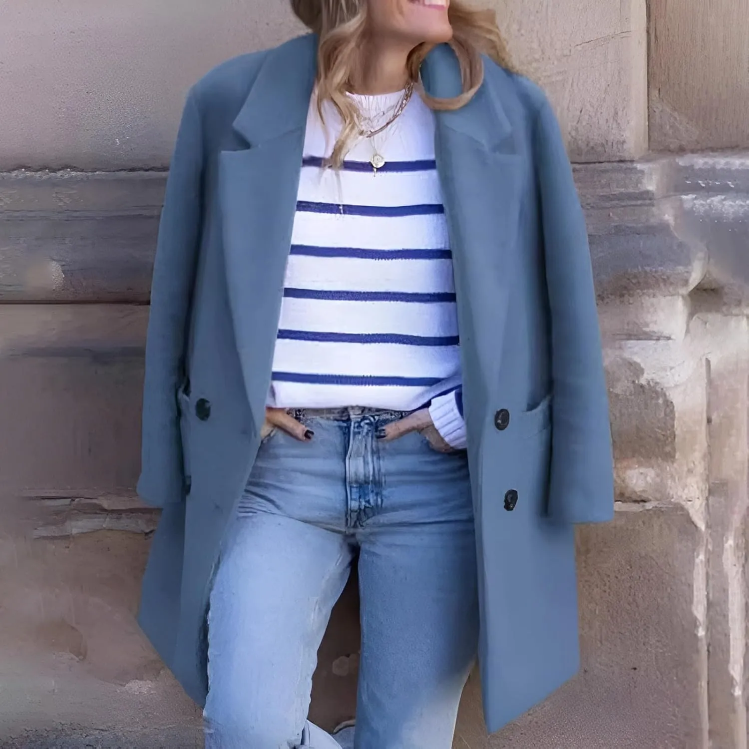 Women's Notched Lapel Wool Coats Mid Long Button Pea Coats Warm Thicken Trench Jacket