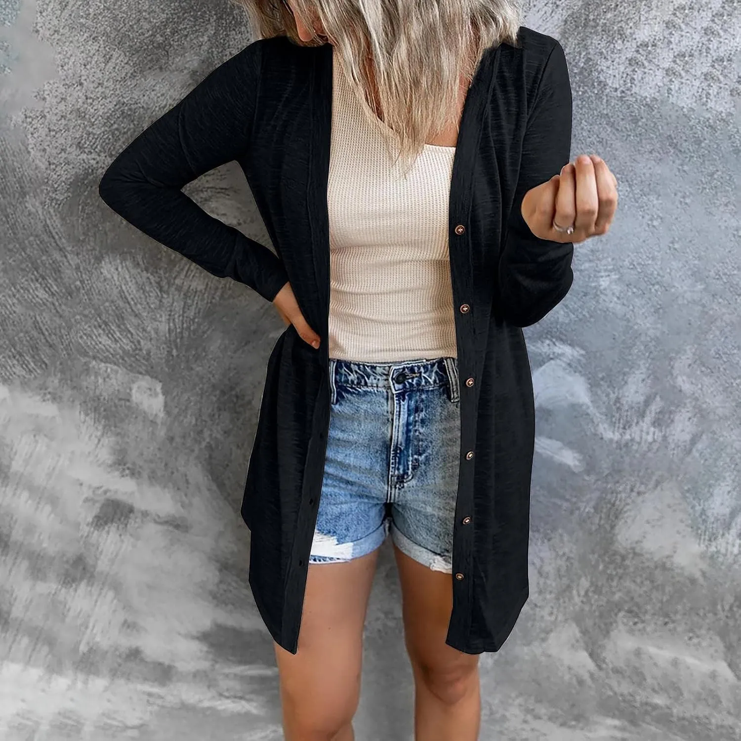 Womens Open Front Lightweight Cardigan Long Sleeve Button Down Loose Outwear Soft Drape Open Front Fall Clothes S-2XL