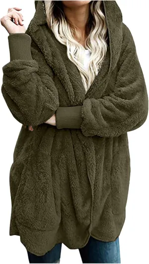 Womens Oversized Sherpa Jacket with Pockets Open Front Fleece Hoodie Winter Thermal Cardigan Coat Outerwear S-5XL