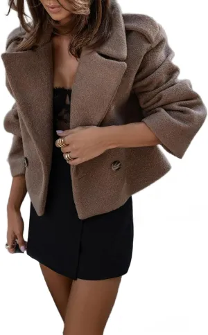 Women's Oversized Wool Short Coat Vintage Loose Wool Blend Short Jacket Wide Lapel Military Wool Outwear