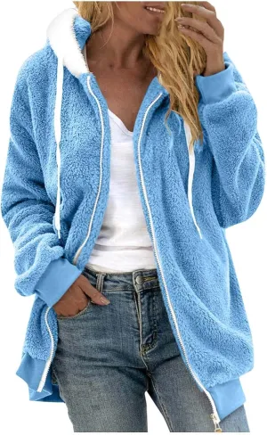 Womens Oversized Zip Up Coat Fuzzy Fleece Sherpa Jacket with Pockets Hoodie Outerwear Fall and Winter