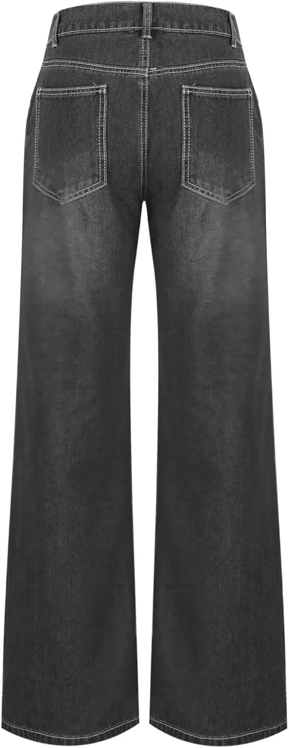 Women's Plus Size Flare Jeans Vintage High Waisted Baggy Wide Leg Denim Pants Straight Leg Pull On Jeans Pockets