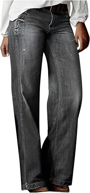 Women's Plus Size Flare Jeans Vintage High Waisted Baggy Wide Leg Denim Pants Straight Leg Pull On Jeans Pockets