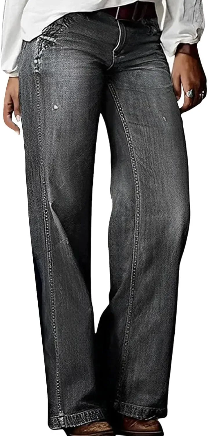 Women's Plus Size Flare Jeans Vintage High Waisted Baggy Wide Leg Denim Pants Straight Leg Pull On Jeans Pockets