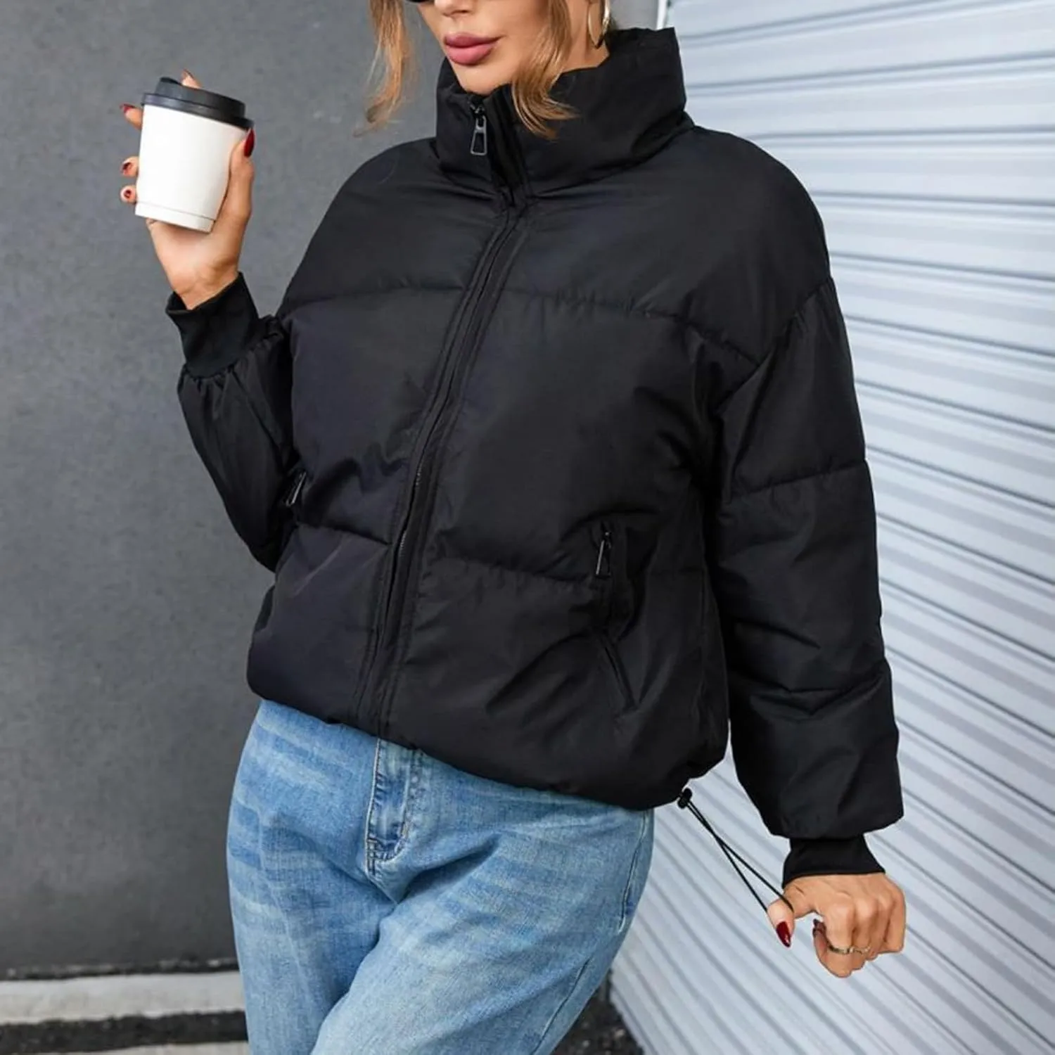 Womens Quilted Jackets Full Zip Jacket Coats Padded Down Coats Warm Cropped Solid Casual Puffer Coat Outwear
