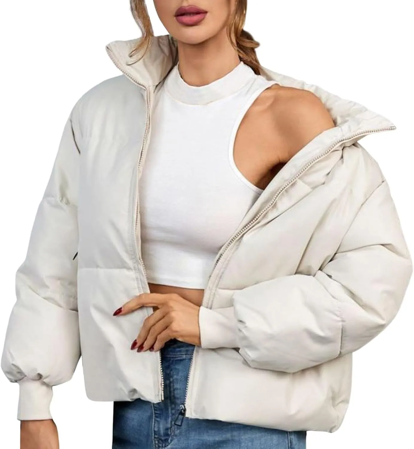 Womens Quilted Jackets Full Zip Jacket Coats Padded Down Coats Warm Cropped Solid Casual Puffer Coat Outwear