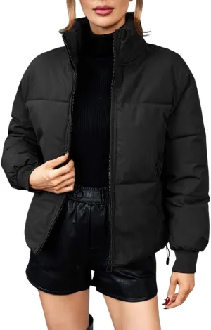 Womens Quilted Jackets Full Zip Jacket Coats Padded Down Coats Warm Cropped Solid Casual Puffer Coat Outwear
