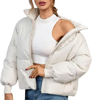 Womens Quilted Jackets Full Zip Jacket Coats Padded Down Coats Warm Cropped Solid Casual Puffer Coat Outwear