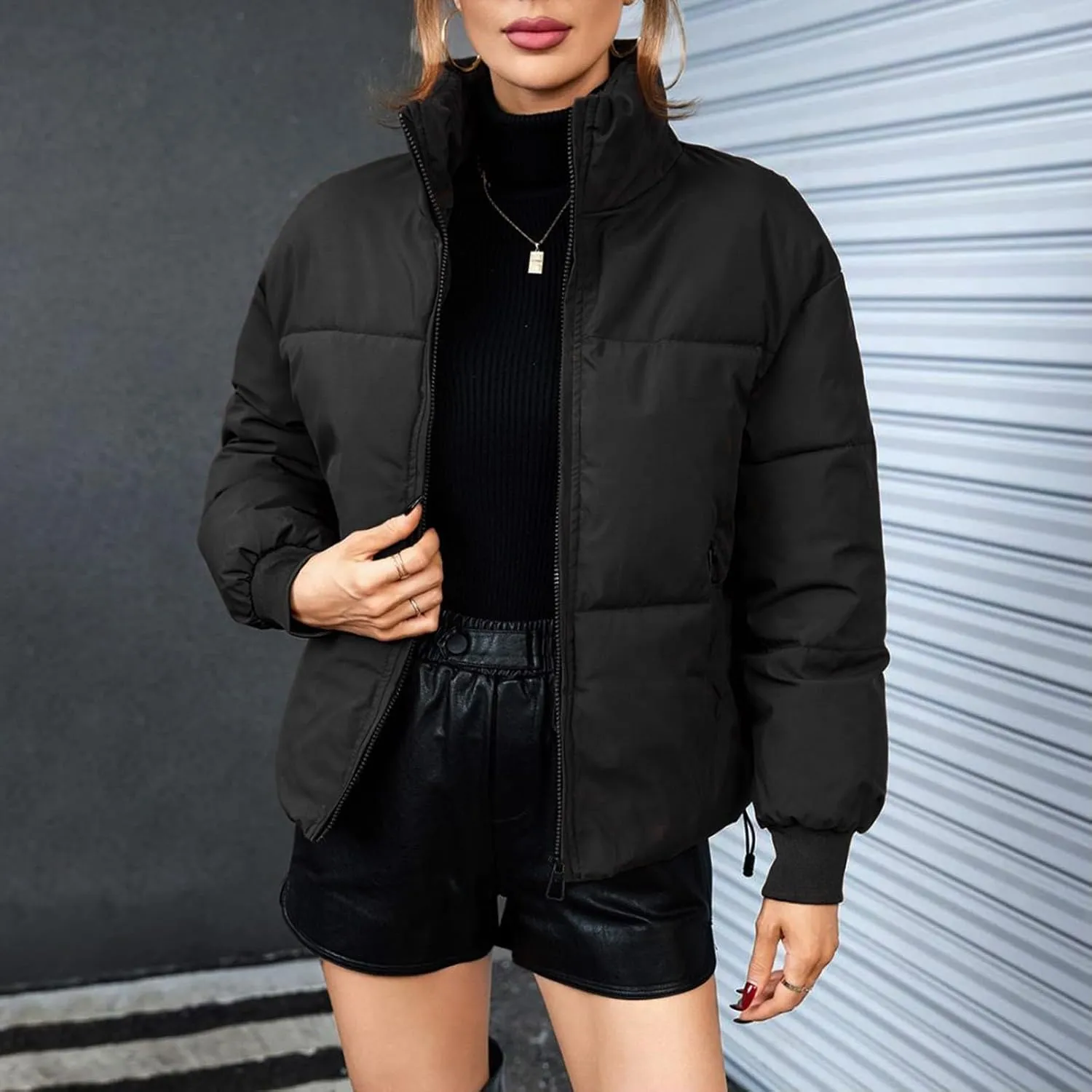 Womens Quilted Jackets Full Zip Jacket Coats Padded Down Coats Warm Cropped Solid Casual Puffer Coat Outwear