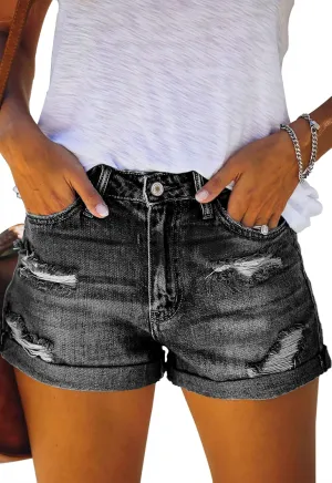 Women's Ripped High Waisted Denim Shorts Stretchy Cuffed Hem Jean Shorts