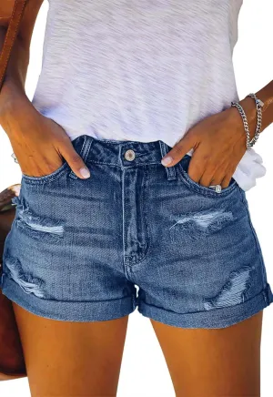 Women's Ripped High Waisted Denim Shorts Stretchy Cuffed Hem Jean Shorts