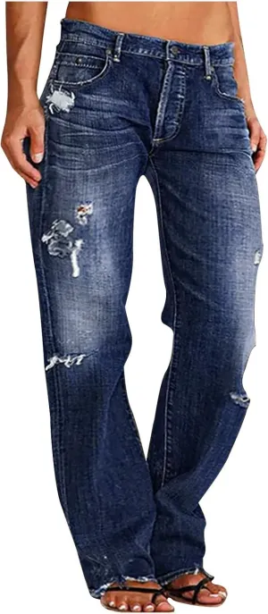 Womens Ripped Jeans Straight Leg Distressed Denim Pants High Waisted Stretch Destroyed Boyfriend Jeans with Pockets