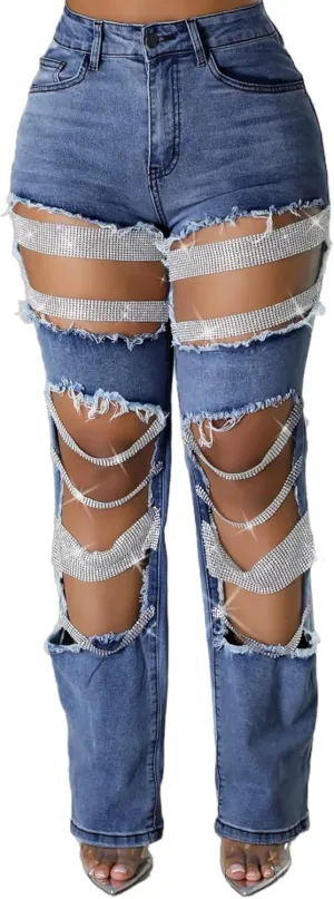 Womens Sexy Ripped Jeans High Waisted Rhinestones Pearl Chains Distressed Baggy Jeans Party Clubwear Denim Pants