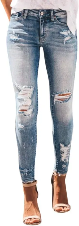 Women's Skinny Ripped Trendy Jeans Distressed Stretchy High Waisted Denim Jeans Button Fancy Fitted Casual Pants