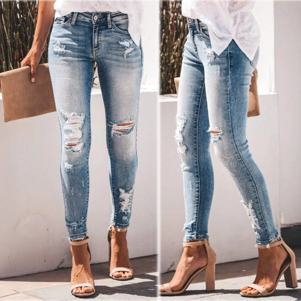 Women's Skinny Ripped Trendy Jeans Distressed Stretchy High Waisted Denim Jeans Button Fancy Fitted Casual Pants