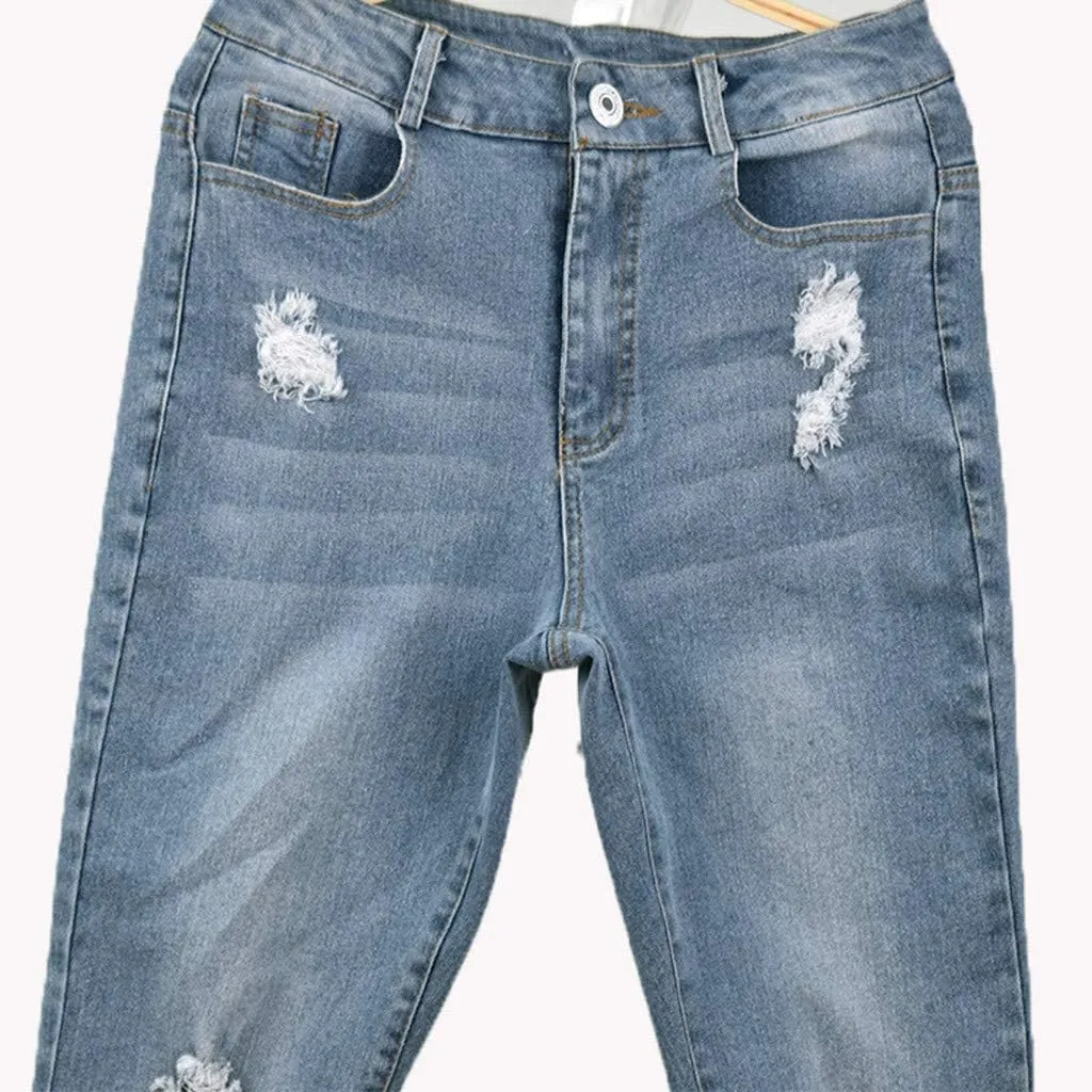 Women's Skinny Ripped Trendy Jeans Distressed Stretchy High Waisted Denim Jeans Button Fancy Fitted Casual Pants