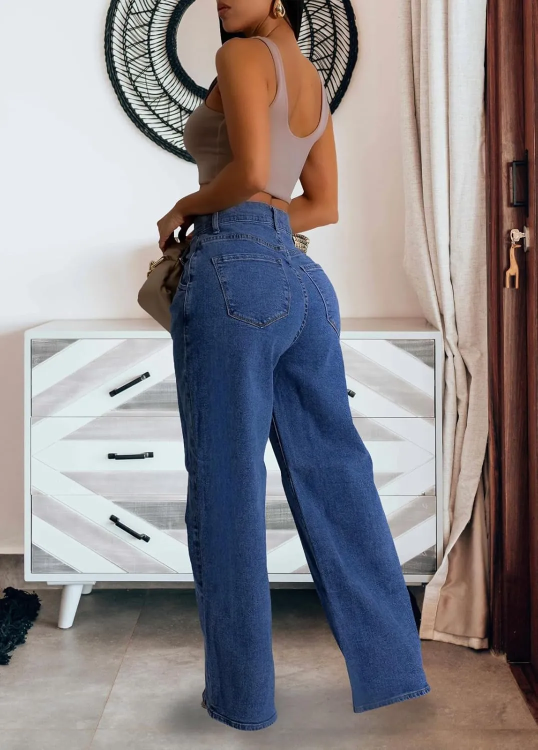 Women's Straight Leg High Waist Baggy Denim Jeans Loose Boyfriend Casual Stretchy Jeans