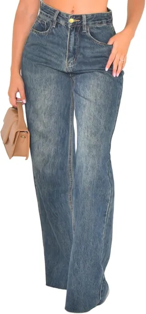 Women's Straight Leg High Waist Baggy Denim Jeans Loose Boyfriend Casual Stretchy Jeans