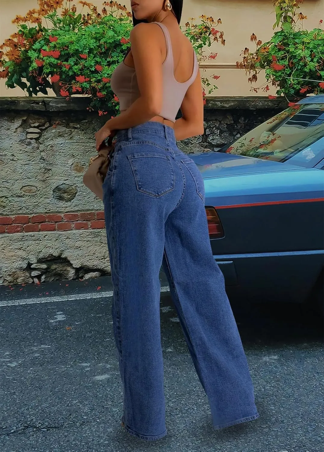 Women's Straight Leg High Waist Baggy Denim Jeans Loose Boyfriend Casual Stretchy Jeans