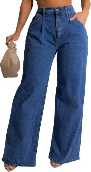 Women's Straight Leg High Waist Baggy Denim Jeans Loose Boyfriend Casual Stretchy Jeans