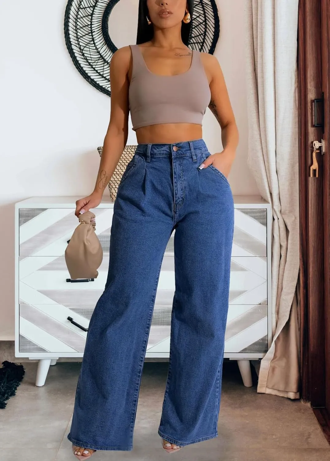 Women's Straight Leg High Waist Baggy Denim Jeans Loose Boyfriend Casual Stretchy Jeans